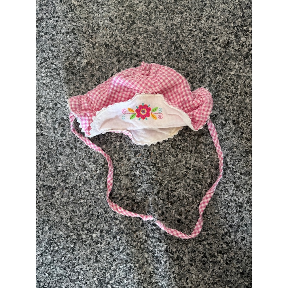 Vintage Pink Gingham Baby Sun Bonnet Floral Embroidery Scalloped Lace Trim Hat